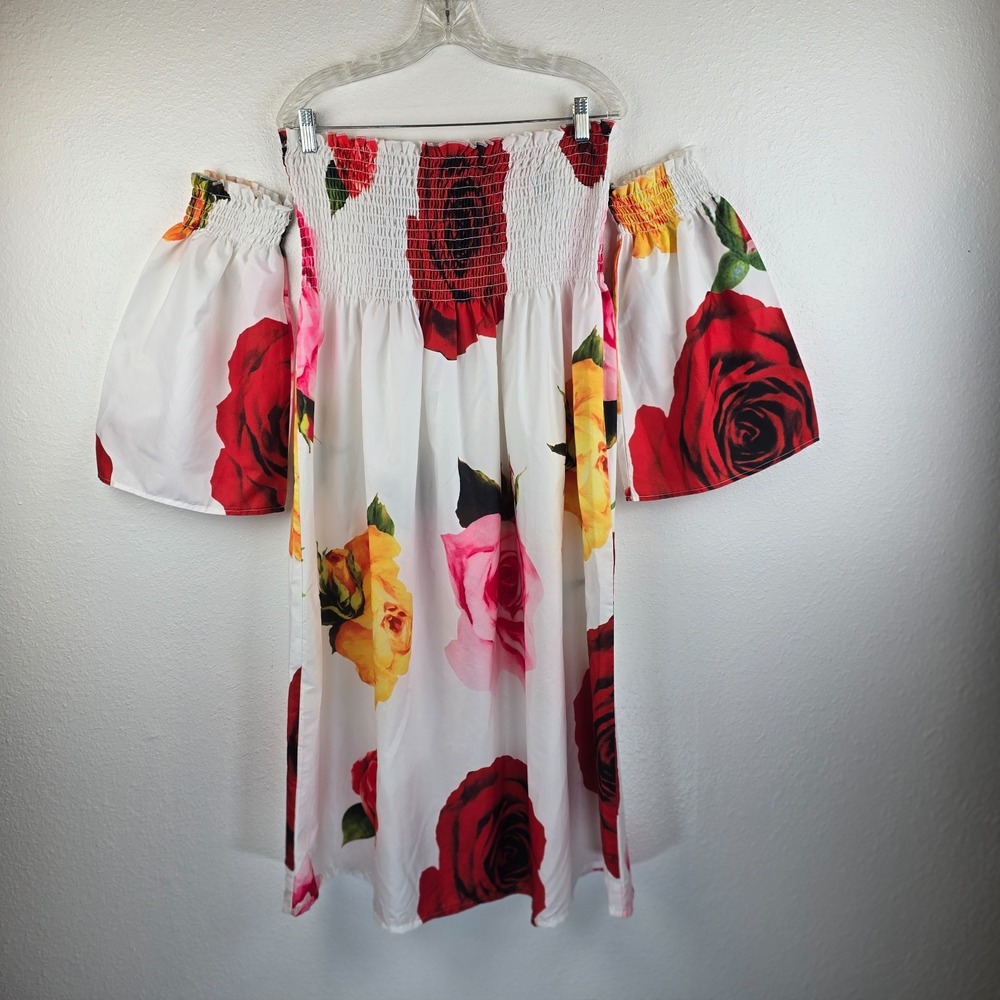 Vonda Off The Soulder Dress Womens 2XL White Floral Print Stretch Smocked Bodice